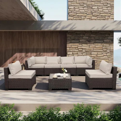 WAROOM Juego de muebles de patio al aire libre, 7 piezas, sofá seccional de mimbre, sofá de conversación de ratán marrón con mesa auxiliar, cojín