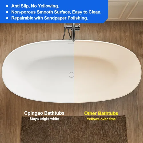 Miniatura 3 de Cpingao Bañera independiente de superficie sólida de 63", bañera de remojo moderna de forma ovalada, bañera independiente de resina de piedra