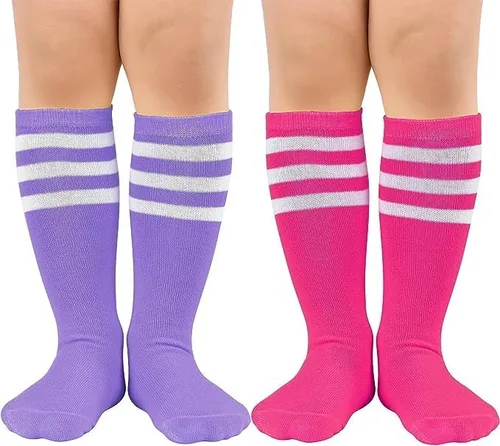 Komorebi Calcetines de fútbol para niños, calcetines de tubo hasta la rodilla, calcetines de tres rayas de algodón, uniforme deportivo para niñas y