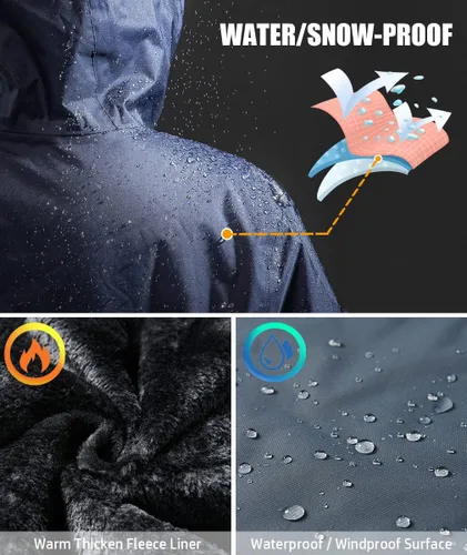 Miniatura 4 de MANSDOUR Chaqueta de senderismo para hombre, impermeable, cálida, forro polar, para invierno, snowboard, cortavientos, con capucha