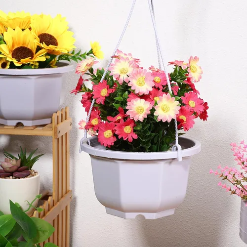 Miniatura 9 de 8-Inch Hanging Planters Octagonal Plastic Flower Pots with Hook, 10pcs Indoor Hanging Plant Baskets for Balcony and Garden, White Gardening