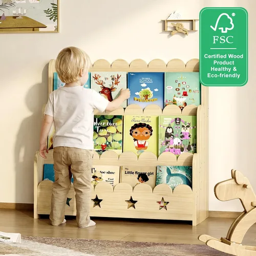 Miniatura 7 de EXPERLAM Estantería festoneada para niños, estantería frontal de 3 niveles, estante de exhibición Montessori de madera de pino macizo