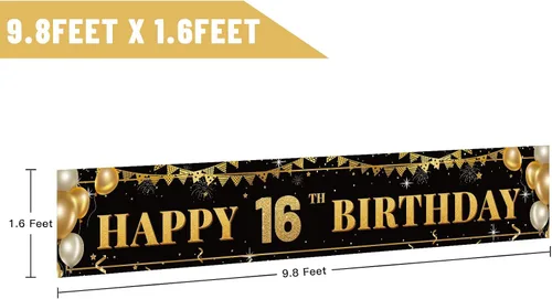 Miniatura 2 de Cartel grande de decoración de cumpleaños número 16, cartel de feliz cumpleaños número 16 negro y dorado, suministros de decoración de fiesta