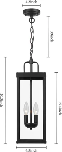 Miniatura 4 de Lámpara colgante grande para exteriores para porche delantero, 20 pulgadas, 2 luces, lámpara colgante exterior negra con vidrio transparente