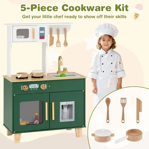 Miniatura 6 de HONEY JOY Play Kitchen, juego de cocina retro de juguete de madera con estufa, fregadero, grifo, microondas, máquina de hielo, utensilios de cocina