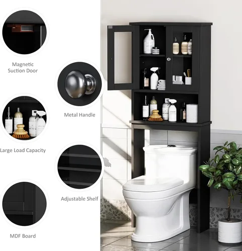 Miniatura 6 de Armario de almacenamiento sobre el inodoro para baño, organizador de almacenamiento negro sobre el inodoro, ahorro de espacio con 2 puertas
