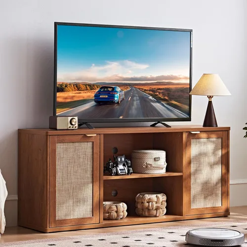 Miniatura 9 de LEYAOYAO Soportes de TV de ratán para sala de estar, gabinete de TV bohemio con almacenamiento y estante abierto, centro de entretenimiento