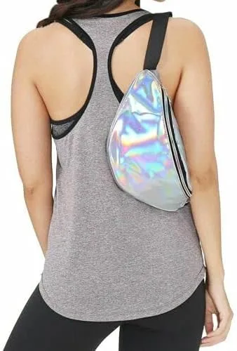Miniatura 2 de Elegante mujer iridiscente holograma riñonera brillante metálico cintura bolsa punk chica para festival rave senderismo correr ciclismo, plateado