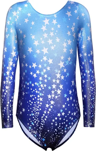 Belovance Leotardos para niñas, gimnasia, ballet, baile, manga larga, brillante, sirena, mariposa, azul, rosa, Azul, verde