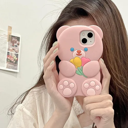 Miniatura 7 de Fundas para iPhone 13 Pro Lindas con Diseño de Oso de Flores de Dibujos Animados, Funda Rosa de Silicona Blanda 3D para Mujeres y Niñas, Funda Oso