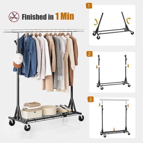 Miniatura 6 de Gewudraw Estante de ropa resistente con carga de 900 libras, estante comercial de doble barra con ruedas y estantes resistentes, estante colgante