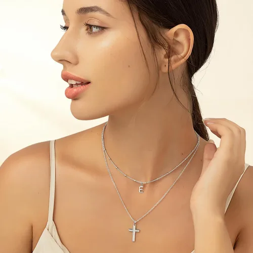 Miniatura 8 de ZENI Delicados collares de cruz para mujer, chapado en oro de 14 quilates, cadena en capas con dije de inicial, circonita cúbica, cruz de fe