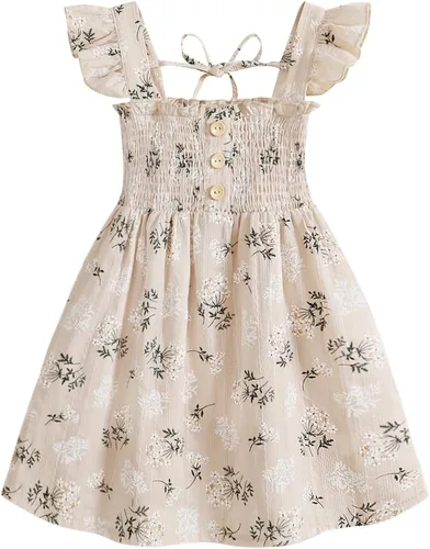 JEELLIGULAR Vestido para niña pequeña, con volantes, sin mangas, con botones, vestido de verano para playa, casual, acampanado, vestido de verano