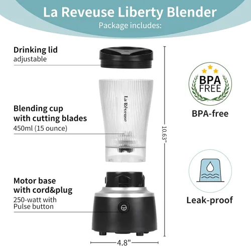 Miniatura 2 de La Reveuse Licuadora de tamaño personal de 250 vatios de potencia para batidos, licuados, condimentos, salsas con taza portátil de 15 onzas, sin BPA