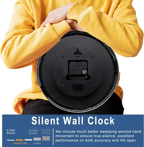 Miniatura 5 de HITO Reloj de pared silencioso de 12 pulgadas con batería, sin tictac, cubierta de vidrio, marco de aluminio plateado, para decoración de cocina