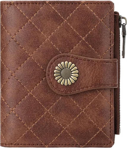 Miniatura 7 de FALAN MULE Billetera pequeña para mujer, plegable, con bloqueo RFID, portatarjetas de piel con bolsillo con cremallera para monedas Blanco/Marrón