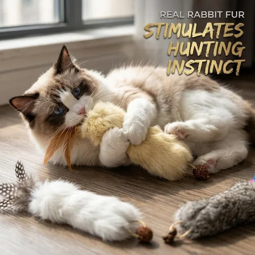 Miniatura 6 de Juguetes para gatos con plumas de piel de conejo real, 3 piezas de hierba gatera de juguete de fruta de gallo y papel arrugado para patear