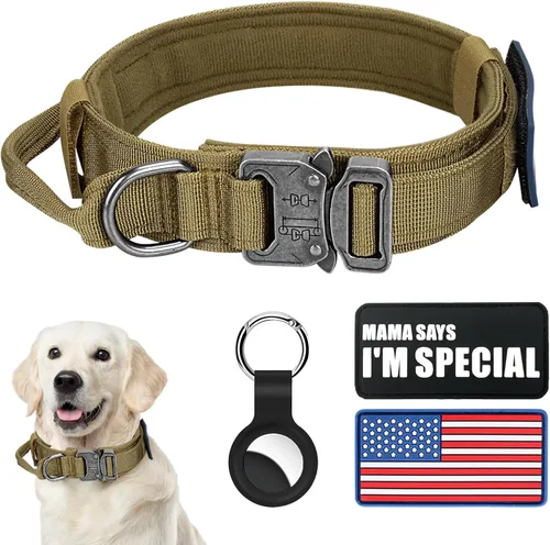 Miniatura 7 de Collar táctico militar para perro, nailon ajustable, hebilla de metal resistente con asa para entrenamiento, parches (verde, XL)