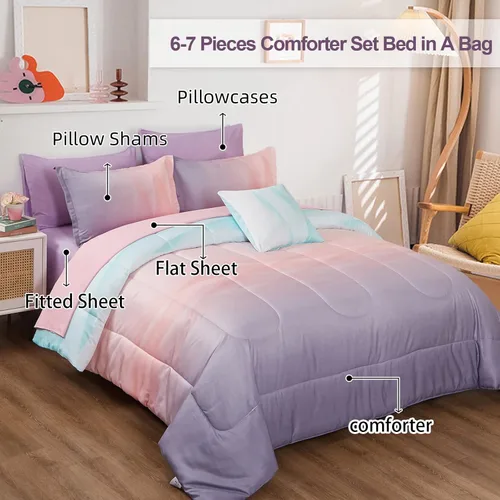 Miniatura 2 de Dinjoy Juego de edredón para niñas, tamaño individual, colorido, azul, rosa, morado, arcoíris, juego de ropa de cama de 6 piezas en una bolsa