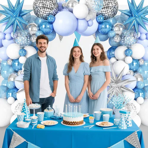 Miniatura 3 de Kit de guirnalda de arco de globos de color azul, blanco y plateado con globos de bola de discoteca, globos de papel de aluminio de estrella