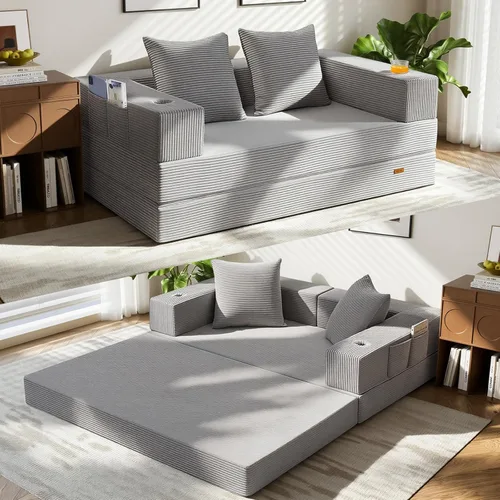 Miniatura 50 de COMAX Sofá cama futón, sofá cama convertible 4 en 1, sofás deshuesados para sala de estar, sofá biplaza plegable pequeño plegable que ahorra Gris