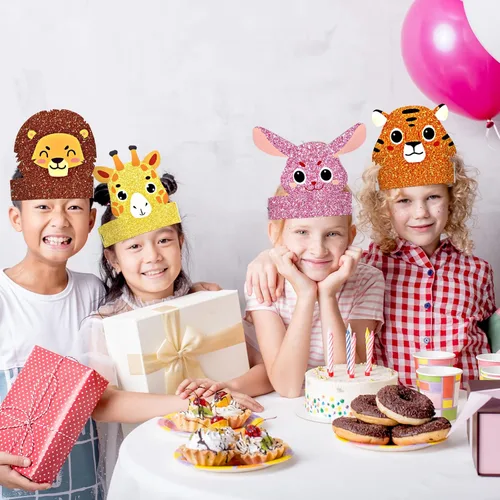 Miniatura 7 de 24 piezas de sombreros de fiesta de cumpleaños de animales, diademas de animales, corona de papel de fiesta de animales de la selva para niñas