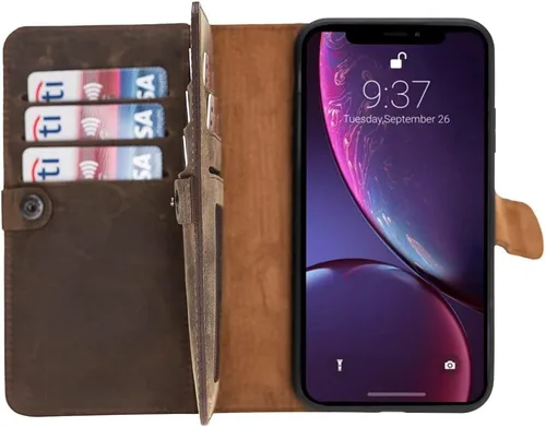 Miniatura 55 de HARDISTON Funda de piel auténtica de alta calidad hecha a mano para iPhone 11 Pro de 5.8 pulgadas, tarjeteros de doble folio, funda magnética Negro