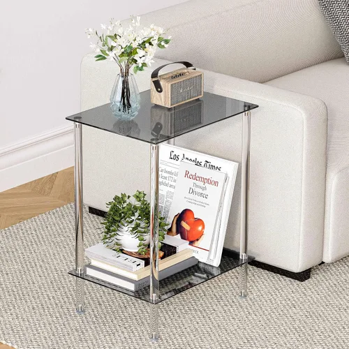 Miniatura 5 de Mesa auxiliar de vidrio templado, mesa de centro acrílica, mesita de noche transparente de 2 niveles, mesa de café transparente, para espacios