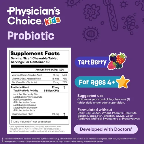 Miniatura 5 de Physician's CHOICE Probióticos para niños – 7 cepas diversas, prebióticos orgánicos, vitaminas y minerales – Clínicamente estudiado L. Rhamnosus GG