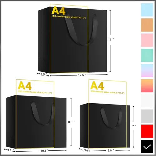 Miniatura 2 de EUSOAR Bolsas de regalo a granel, 30 bolsas de papel de estraza reutilizables con asa de artesanía de color negro resistente con 3 tamaños, bolsas
