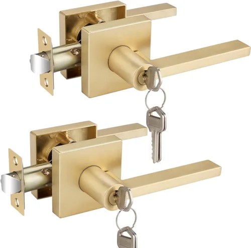 Miniatura 23 de EHOMEWARE Juego de manijas de puerta delantera doradas, palanca de puerta cuadrada resistente de latón y cerrojo de un solo cilindro reversible