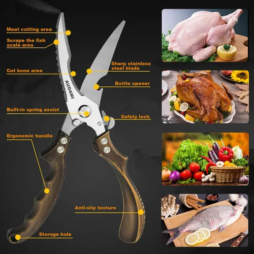 Miniatura 4 de Tijeras de cocina premium, paquete de 2 tijeras resistentes para aves de corral y carne, tijeras de hueso para cocinar Bronce+dorado