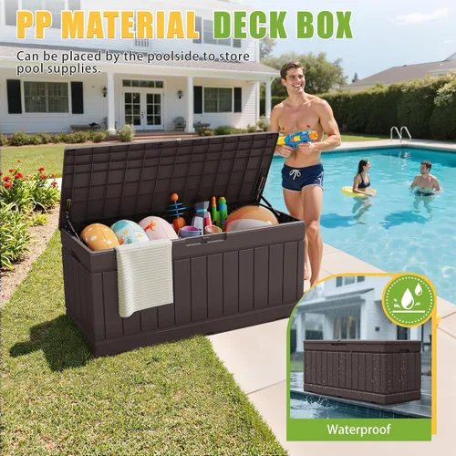 Miniatura 2 de Greesum Caja de almacenamiento para exteriores de 82 galones con tapa para muebles de patio, herramientas de jardín, suministros de piscina, Marrón