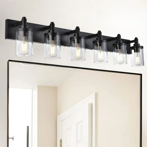 Miniatura 11 de Lámpara de tocador moderna negra para baño, 5 luces de baño, sobre espejo con pantalla de vidrio transparente, lámpara de montaje en pared, luces
