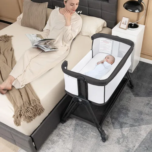 Miniatura 2 de BABY JOY Moisés para dormir junto a la cama, cuna plegable fácil con malla en todos los lados, estante de almacenamiento, 7 alturas ajustables, Negro