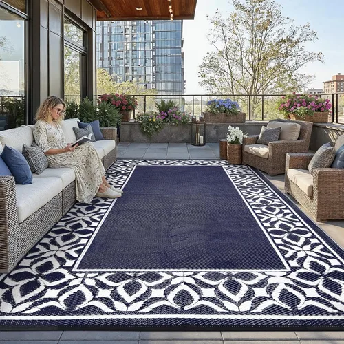 Miniatura 20 de PureCozy Alfombra de paja de plástico para exteriores, color negro, beige, grande, impermeable, para patio, 5 x 8 pulgadas, geométrica, reversible