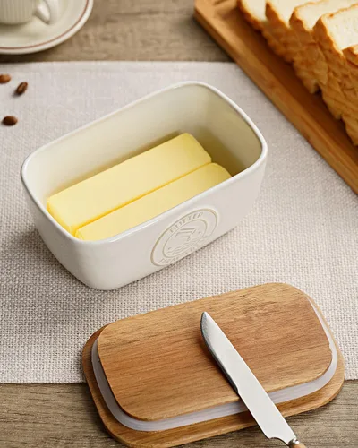 Miniatura 6 de Getstar Mantequera de cerámica con tapa de acacia para encimera, sellado de silicona, decoración de encimera de cocina de granja, recipiente grande