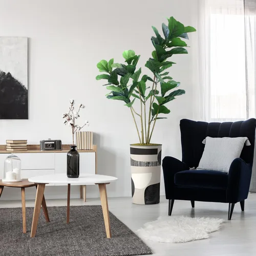 Miniatura 11 de Árbol artificial en macetero contemporáneo con patrón de margaritas, árbol de seda falso Ficus Lyrata para decoración del hogar en interiores