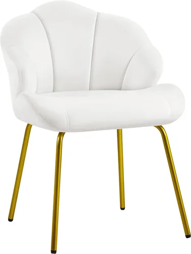 Yaheetech Silla de tocador, silla decorativa de terciopelo con respaldo en forma de concha, sillón moderno con patas de metal dorado para Blanco