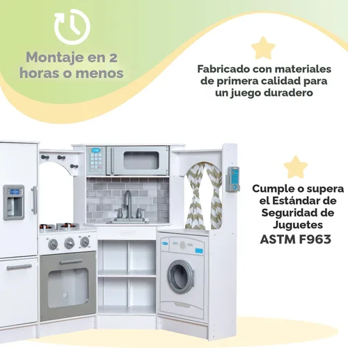 Miniatura 9 de KidKraft Ultimate - Cocina de madera de esquina con luces y sonidos, teléfono de juego y cortinas, blanco