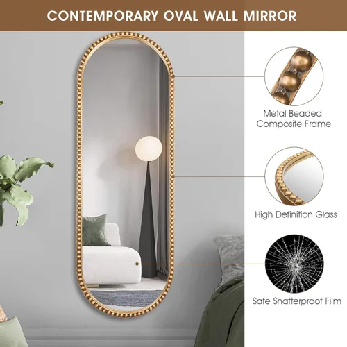 Miniatura 3 de Espejo Ovalado de Cuerpo Entero, 20"x53" Marco de Metal con Cuentas Espejo Grande de Vestidor de Pie para Dormitorio, Sala de Estar, Entrada, Oro