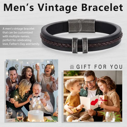 Miniatura 6 de Pulseras personalizadas con nombre para hombre, pulsera de cuero para hombre con 2-5 nombres de niños, regalos personalizados para papá, esposo, hijo