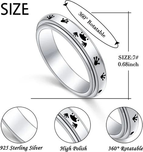 Miniatura 6 de Anillo de plata de ley con diseño de pata de rana, anillos giratorios para la ansiedad para mujeres y adolescentes
