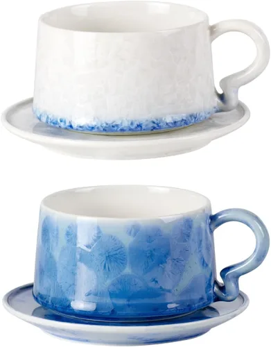 Juego de 2 tazas de té y platillos KAMMAK, tazas de café de porcelana, 7.5oz tazas de expreso con esmalte cristalino, tazas de cerámica demitaza