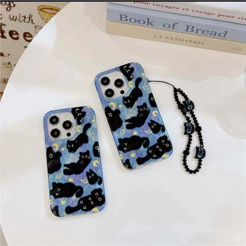 Miniatura 3 de Funda de teléfono para iPhone 11 con patrón de gato lindo, estética, genial y femenina con correa de encantos de teléfono y cadena, funda protectora