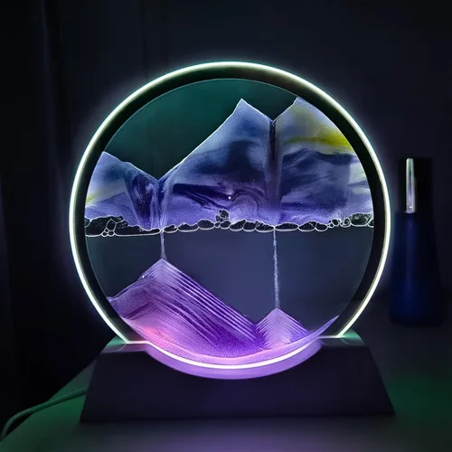 Miniatura 2 de Akaco Arte de Arena Líquido en Movimiento con Luz Base de Madera Blanca Clara, Arte de Arena en Movimiento, Vidrio Redondo, Flujo de Arena, Pintura