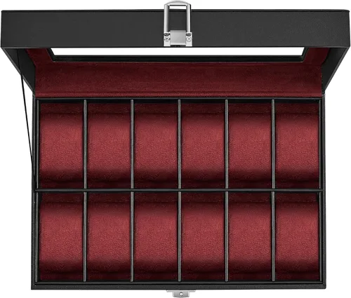 Miniatura 7 de SONGMICS Caja de reloj, caja de reloj de 12 ranuras con tapa de vidrio grande, almohadas extraíbles para reloj, organizador de caja de reloj, regalo