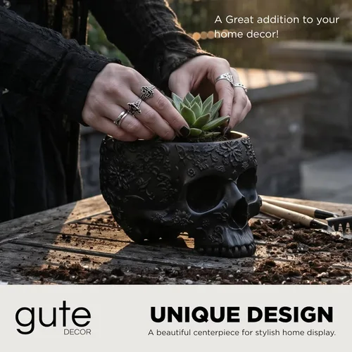 Miniatura 3 de Maceta de calavera negra de 6 pulgadas, maceta con cabeza de esqueleto para suculentas, flores y plato de tazón, decoración gótica para jardín