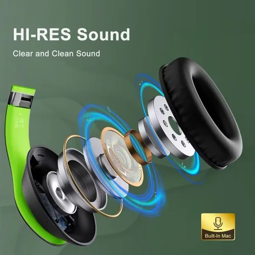 Miniatura 3 de Auriculares Bluetooth Inalámbricos Sobre La Oreja 65H Tiempo De Reproducción Auriculares HiFi Estéreo Con Micrófono Y 6 Modos De EQ Auriculares Verde