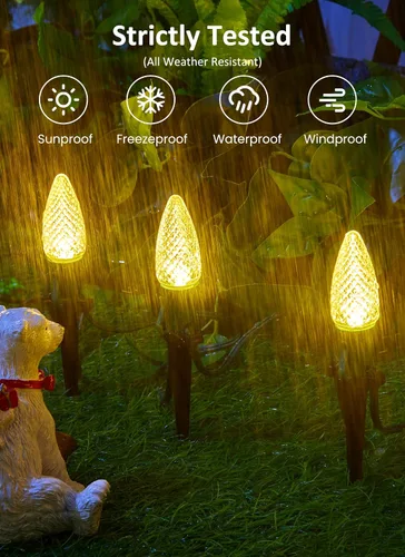 Miniatura 2 de Tira de luces LED estilo sendero de Navidad para exteriores; tira de 20 luces LED C9 con carcasa de fresa y estaca, interconectables, luz cálida